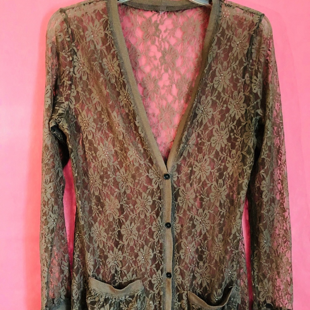 Long tan lace cardigan.